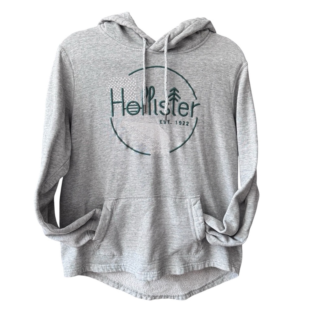 Hollister‎ Gray Hoodie with Embroidered Graphic in Dk Green Stitching, Small